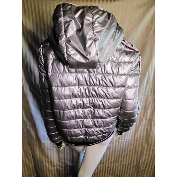 Tommy Hilfiger Womens Metallic Silver Puffer Jacket With Hood Logo On Sleeves Ri - Picture 4 of 8